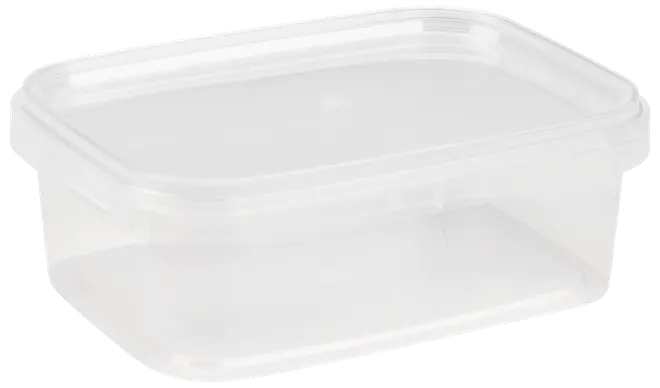 Rektangulär genomskinlig plastmatlåda med tättslutande lock. Perfekt för matförvaring, matlådor eller småprylar. Tål diskmaskin och mikrovågsugn. Lätt och återanvändbar.