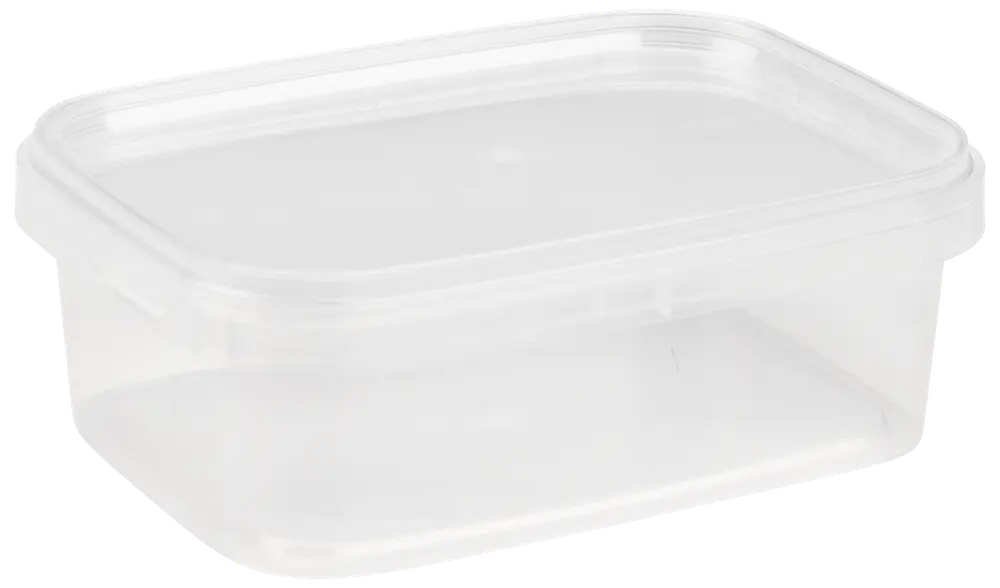 Rektangulär genomskinlig plastmatlåda med tättslutande lock. Perfekt för matförvaring, matlådor eller småprylar. Tål diskmaskin och mikrovågsugn. Lätt och återanvändbar.