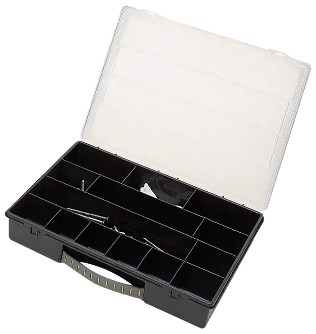 Sort plastorganizer med gennemsigtigt låg, flere rum til småting og gul håndtag. Perfekt til opbevaring af værktøj, hobbyartikler eller små dele.