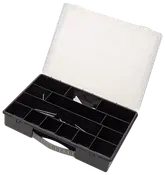 Sort plastorganizer med gennemsigtigt låg, flere rum til småting og gul håndtag. Perfekt til opbevaring af værktøj, hobbyartikler eller små dele.