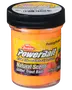 Glas med Berkley PowerBait Natural Scent Glitter Trout Bait, 50 g, orange farve, flydende formel, tiltrækker fisk med duft og glimmer.