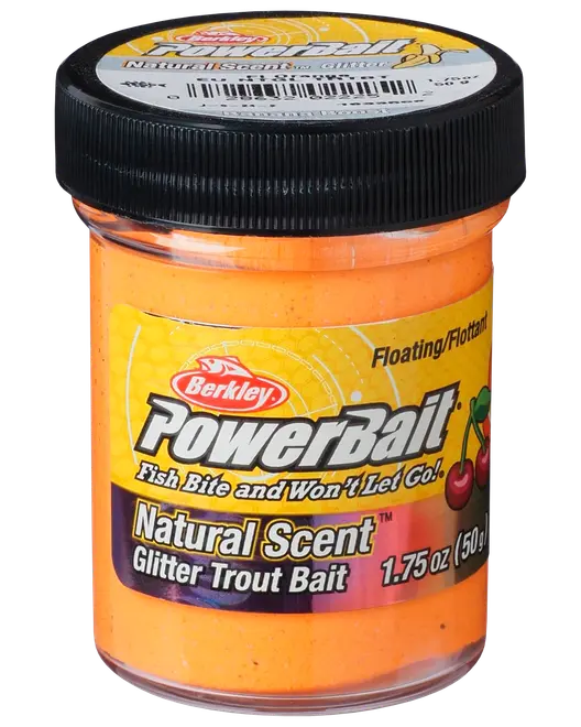 Glas med Berkley PowerBait Natural Scent Glitter Trout Bait, 50 g, orange farve, flydende formel, tiltrækker fisk med duft og glimmer.