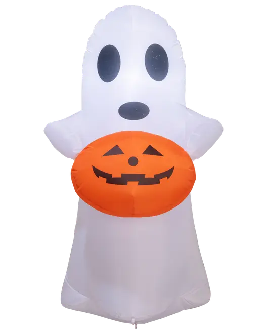 Oppustelig Halloween-dekoration formet som et hvidt spøgelse, der holder et orange græskar med sort græskarlygteansigt. Lavet af let materiale, egnet til inde eller ude.