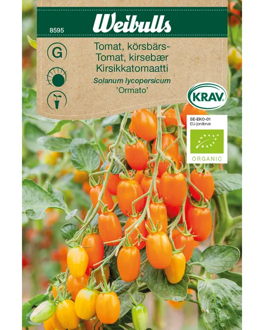 Pakke med økologiske kirsebærtomatfrø, sorten 'Ornato'. Orange, ovalformede tomater på ranke. Velegnet til hjemmehave. Økologisk og KRAV-mærket.