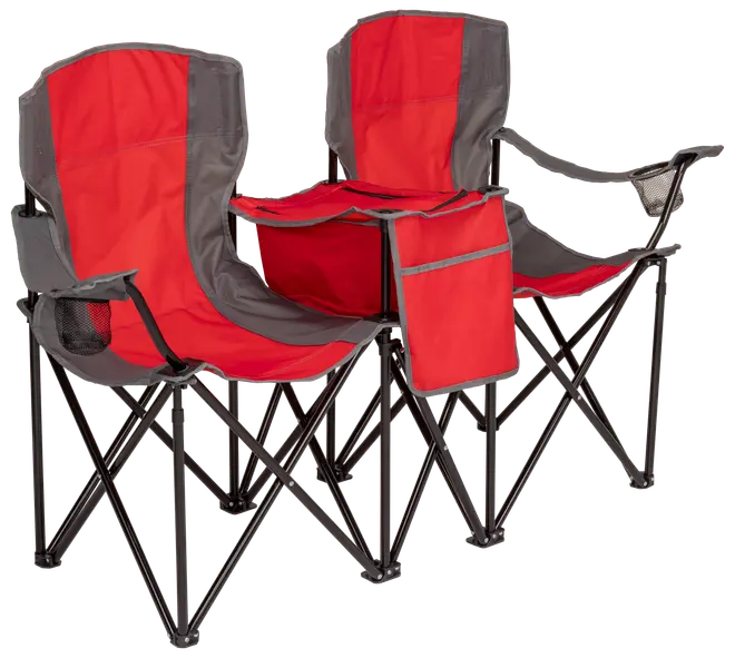 Dobbelt foldbar campingstol i rød og grå, med indbygget køler i midten, kopholdere og mesh sidelommer. Let, bærbart design med sort metalstel til udendørs brug.