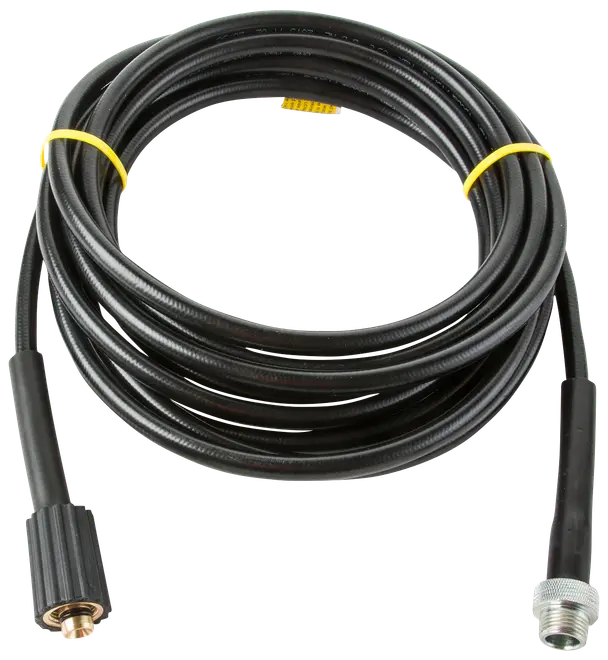 Svart högtrycksslang med metallkopplingar i båda ändar, prydligt upprullad. Passar till högtryckstvätt eller liknande utrustning. Hållbart, flexibelt material för utomhusbruk.