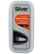 Silver Express Shoe Shine, svart färg, i plastbehållare. Ger snabb glans med högdensitetsskum. Passar svarta läderskor. Kompakt och enkel att använda.