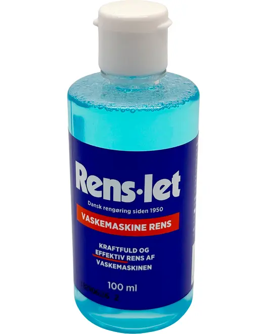 100 ml flaske Rens-let vaskemaskinerens med blå væske, hvidt låg og blå etiket. Til kraftfuld og effektiv rengøring af vaskemaskiner.