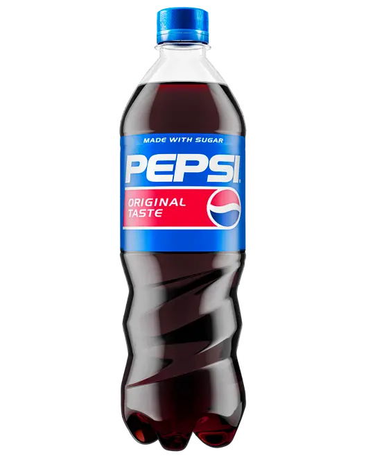 Plastflaske med Pepsi, blå kapsel, tydelig etiket og Original Taste-branding, fyldt med mørk cola.