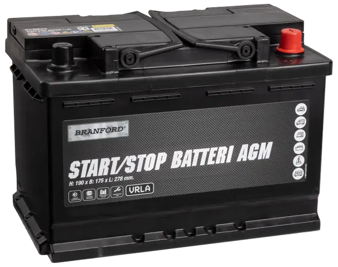 Sort Branford Start/Stop AGM-bilbatteri med topterminaler, rød pluskappe og mærket frontpanel, designet til køretøjer med behov for VRLA-strøm.