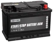 Sort Branford Start/Stop AGM-bilbatteri med topterminaler, rød pluskappe og mærket frontpanel, designet til køretøjer med behov for VRLA-strøm.