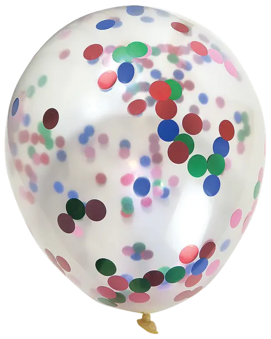 Transparent latexballon fyldt med store runde konfettistykker i rød, grøn, blå og pink. Perfekt til fester og dekoration. Standard størrelse med bundet ende.