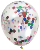 Transparent latexballon fyldt med store runde konfettistykker i rød, grøn, blå og pink. Perfekt til fester og dekoration. Standard størrelse med bundet ende.
