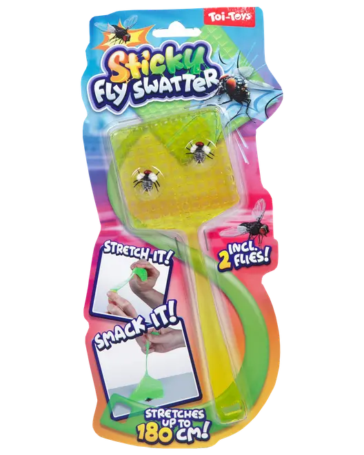 Klistret fluesmækker-legetøj med gult net, grønt håndtag, inkluderer to falske fluer, kan strækkes op til 180 cm, ideel til leg og strækaktiviteter.