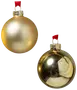 Set med två guldfärgade julgranskulor, en matt och en blank, båda med metalltoppar och röda upphängningsöglor.