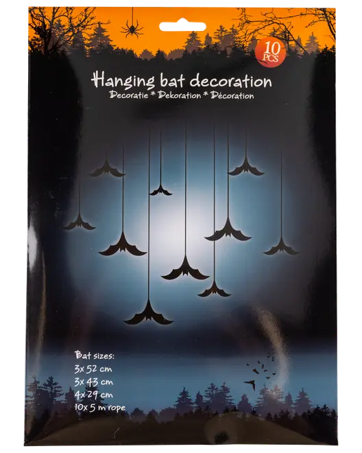 Pakke med 10 hængende flagermusdekorationer i forskellige størrelser, inkluderer snore til ophængning. Perfekt til Halloween eller uhyggelige arrangementer. Sorte flagermus, nemme at samle.