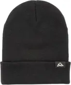 Sort strikket beanie med opfoldet kant og lille logomærke foran. Enkel, varm og stilfuld, ideel til hverdagsbrug og udendørs aktiviteter.