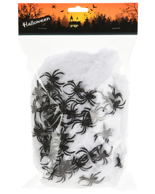 Halloween-dekoration med vitt konstgjort spindelnät och flera små svarta plastspindlar, förpackade i en genomskinlig påse med Halloween-tema upptill.