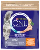 Purina ONE Bifensis vuxen kattmat, 800g påse, kyckling som huvudingrediens, stödjer tarmhälsa och naturligt försvar, tillverkad av återvunnen plast, för vuxna katter.