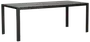 Rektangulärt utomhusbord med ribbad metallskiva och fyra raka ben. Bordet är svart, har en modern, minimalistisk design och passar för uteplats eller trädgård.