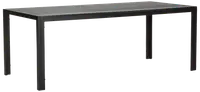 Rektangulärt utomhusbord med ribbad metallskiva och fyra raka ben. Bordet är svart, har en modern, minimalistisk design och passar för uteplats eller trädgård.