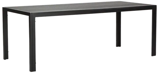 Rektangulärt utomhusbord med ribbad metallskiva och fyra raka ben. Bordet är svart, har en modern, minimalistisk design och passar för uteplats eller trädgård.