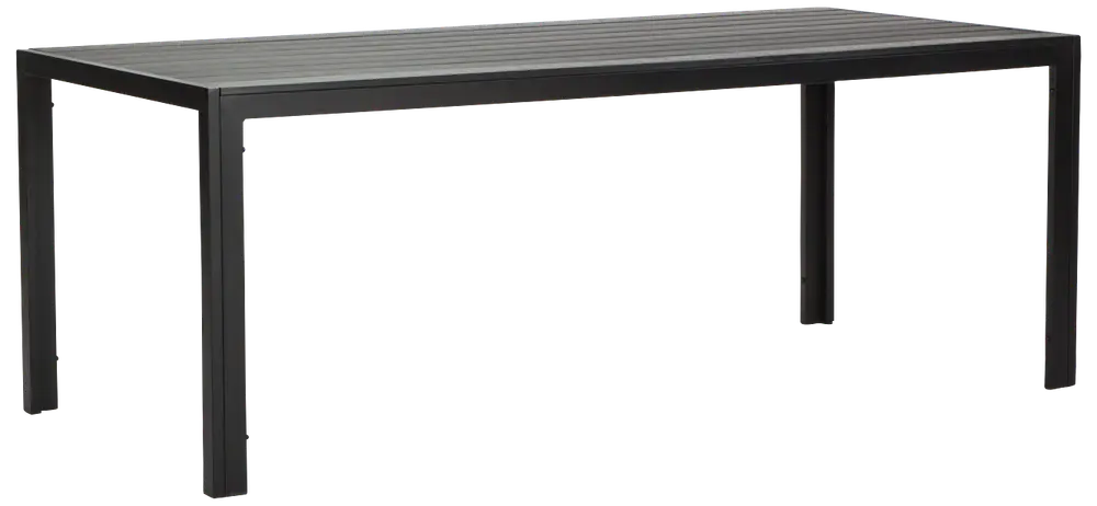 Rektangulärt utomhusbord med ribbad metallskiva och fyra raka ben. Bordet är svart, har en modern, minimalistisk design och passar för uteplats eller trädgård.