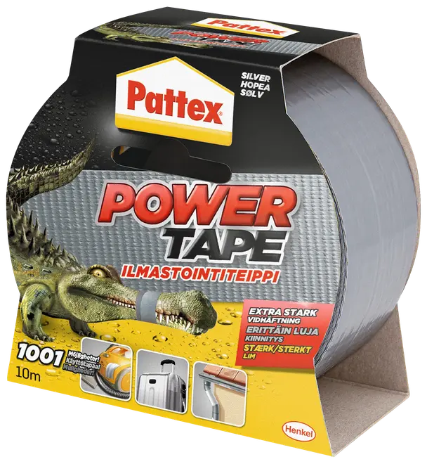 Pattex Power Tape, sølvfarvet gaffatape, 10 meter, ekstra stærk klæbeevne, vandtæt, egnet til reparationer, leveres i papdispenser.