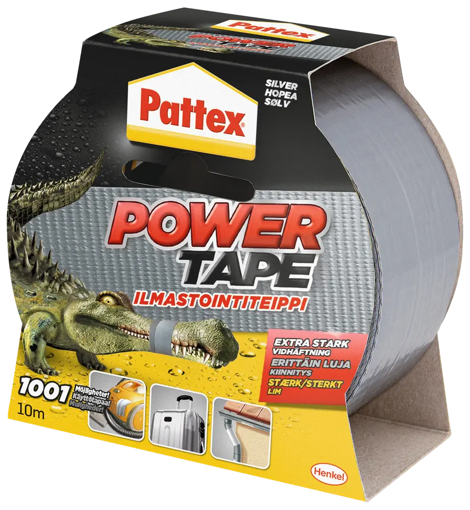 Pattex Power Tape, sølvfarvet gaffatape, 10 meter, ekstra stærk klæbeevne, vandtæt, egnet til reparationer, leveres i papdispenser.