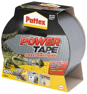 Pattex Power Tape, sølvfarvet gaffatape, 10 meter, ekstra stærk klæbeevne, vandtæt, egnet til reparationer, leveres i papdispenser.