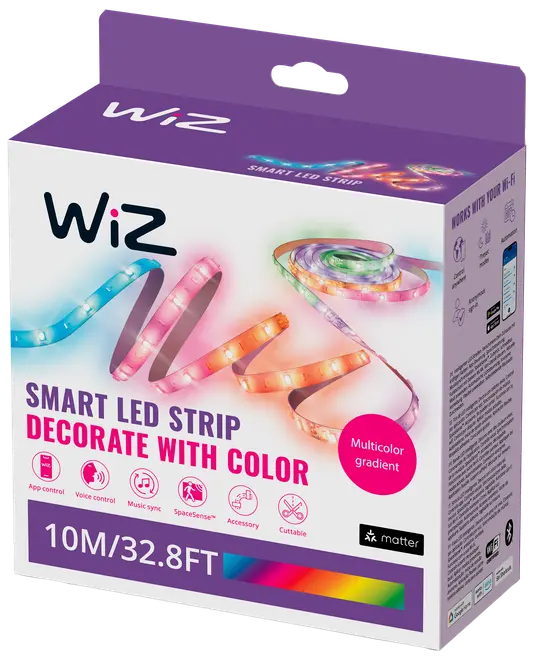 WiZ smart LED-strip, 10 meter, multifarvet gradient, app- og stemmestyring, musik-synkronisering, kan klippes, ideel til dekoration, kompatibel med Wi-Fi og Matter.