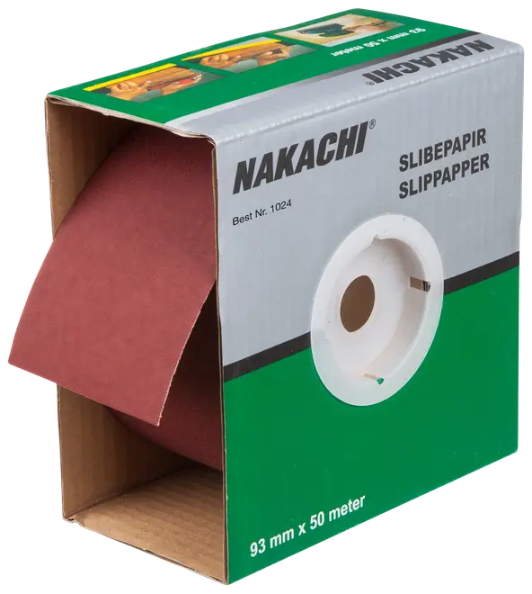 Rulle med Nakachi slibepapir i papæske, 93 mm bred og 50 meter lang. Rødbrunt sandpapir, der let trækkes ud af æsken til slibearbejde.