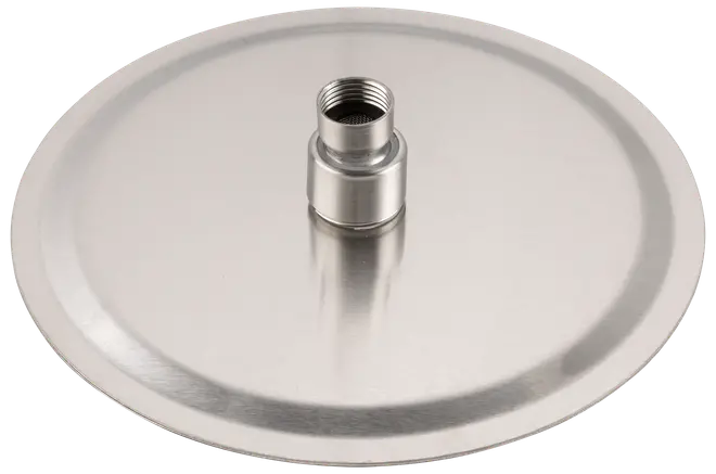 Rustfrit stållåg med centralt gevindbeslag, designet til sikker montering på bryg- eller destillationsudstyr. Glat, flad overflade med hævet kant for tæt lukning.