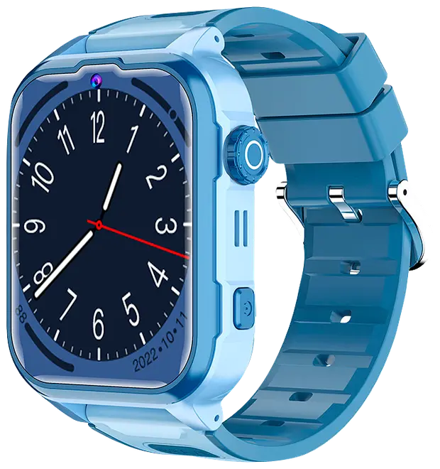 Blå smartwatch med rektangulær touchskærm, analog urskive, justerbar silikonerem, sideknapper og krone. Moderne design egnet til fitness og daglig brug.