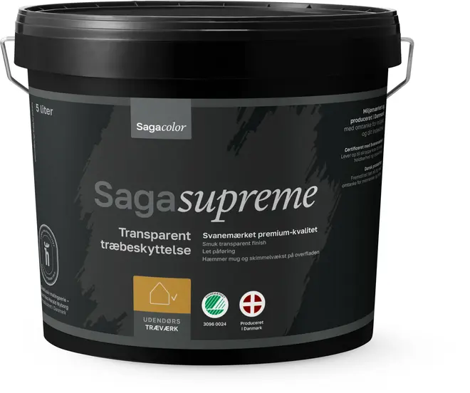 Sort 5-liters spand Sagacolor Sagasupreme transparent træbeskyttelse til udendørs brug. Svanemærket, dansk produceret, let at påføre, hæmmer mug og skimmel.