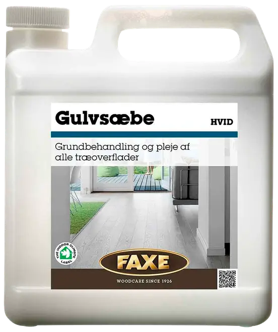FAXE Gulvsæbe Hvid i plastdunk, til grundbehandling og pleje af alle træoverflader. Egnet til indendørs brug, med skruelåg og bærehåndtag.