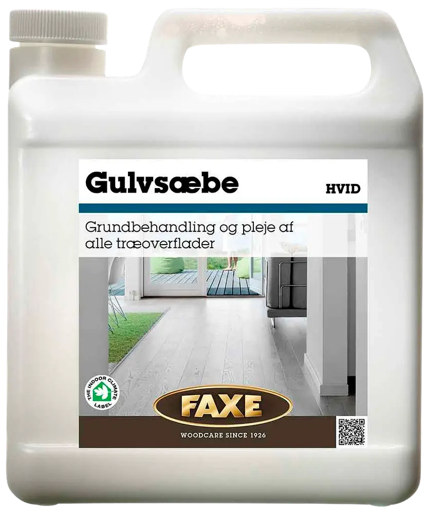 FAXE Gulvsæbe Hvid i plastdunk, til grundbehandling og pleje af alle træoverflader. Egnet til indendørs brug, med skruelåg og bærehåndtag.
