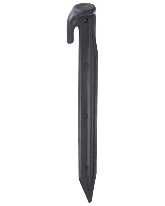 Svart tältpinne i plast med spetsig ände och krok upptill för att fästa rep eller tältöglor. Hållbar och lätt, perfekt för camping.