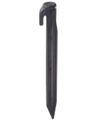 Svart tältpinne i plast med spetsig ände och krok upptill för att fästa rep eller tältöglor. Hållbar och lätt, perfekt för camping.