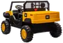 Gul og sort legetøjsbil med store robuste hjul, åbent førerhus, rat og bageste lad. CAT-logo og 4x4 mærke på siden. Velegnet til børn.