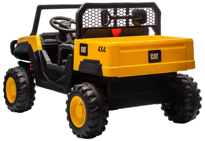Gul og sort legetøjsbil med store robuste hjul, åbent førerhus, rat og bageste lad. CAT-logo og 4x4 mærke på siden. Velegnet til børn.