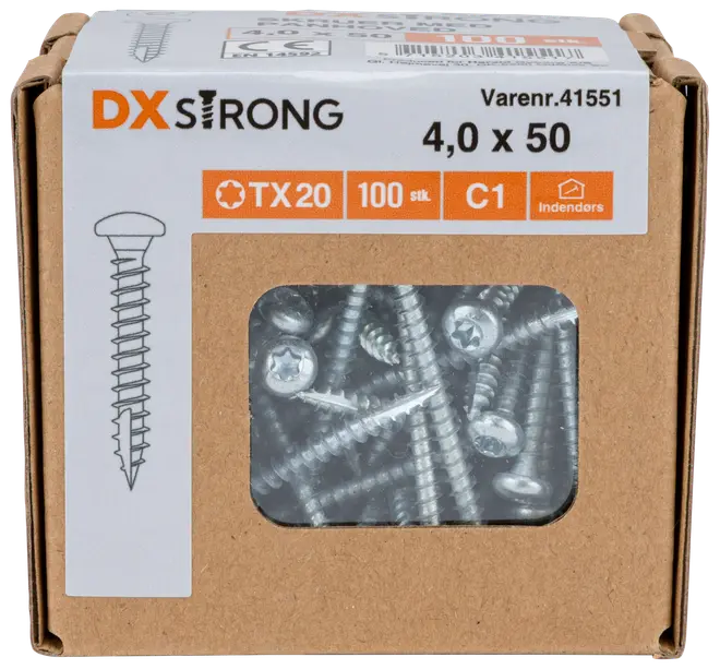 Æske med DX Strong C1 træskruer til indendørs brug, 4,0 x 50 mm, TX20 kærv, 100 stk., i brun kartonemballage med vindue.