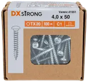 Æske med DX Strong C1 træskruer til indendørs brug, 4,0 x 50 mm, TX20 kærv, 100 stk., i brun kartonemballage med vindue.
