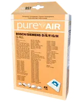 Förpackning med PureAir dammsugarpåsar för Bosch/Siemens D/E/F/G/H modeller. Innehåller 4 påsar och 1 filter. Kompatibilitetslista på förpackningen. Orange och vit design.