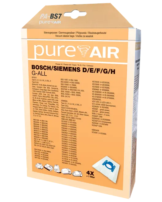 Förpackning med PureAir dammsugarpåsar för Bosch/Siemens D/E/F/G/H modeller. Innehåller 4 påsar och 1 filter. Kompatibilitetslista på förpackningen. Orange och vit design.
