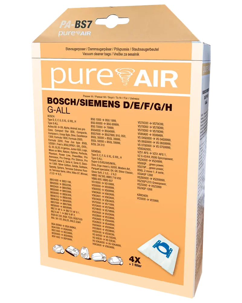 Förpackning med PureAir dammsugarpåsar för Bosch/Siemens D/E/F/G/H modeller. Innehåller 4 påsar och 1 filter. Kompatibilitetslista på förpackningen. Orange och vit design.