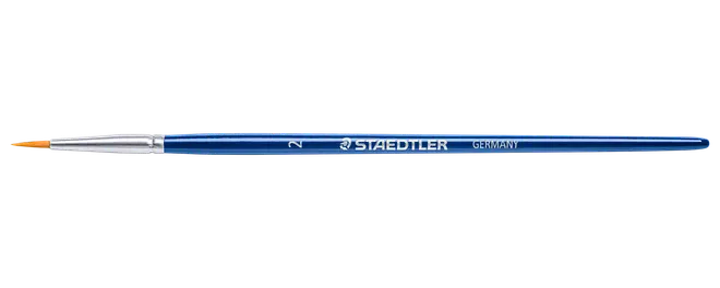 Blå Staedtler pensel med sølvfarvet hylster, orange børstehår og langt slankt skaft mærket Germany.