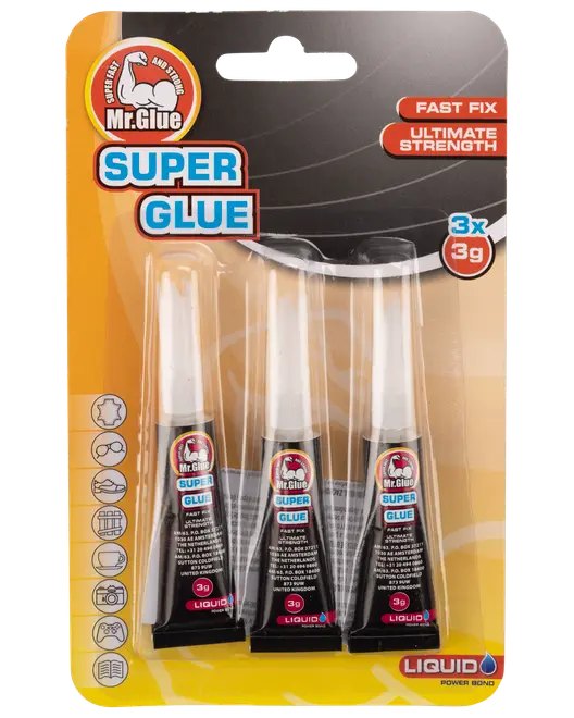 Förpackning med tre 3g tuber Mr. Glue Superlim, snabbtorkande flytande lim, passar olika material, med hög styrka och precisionsspets för enkel applicering.