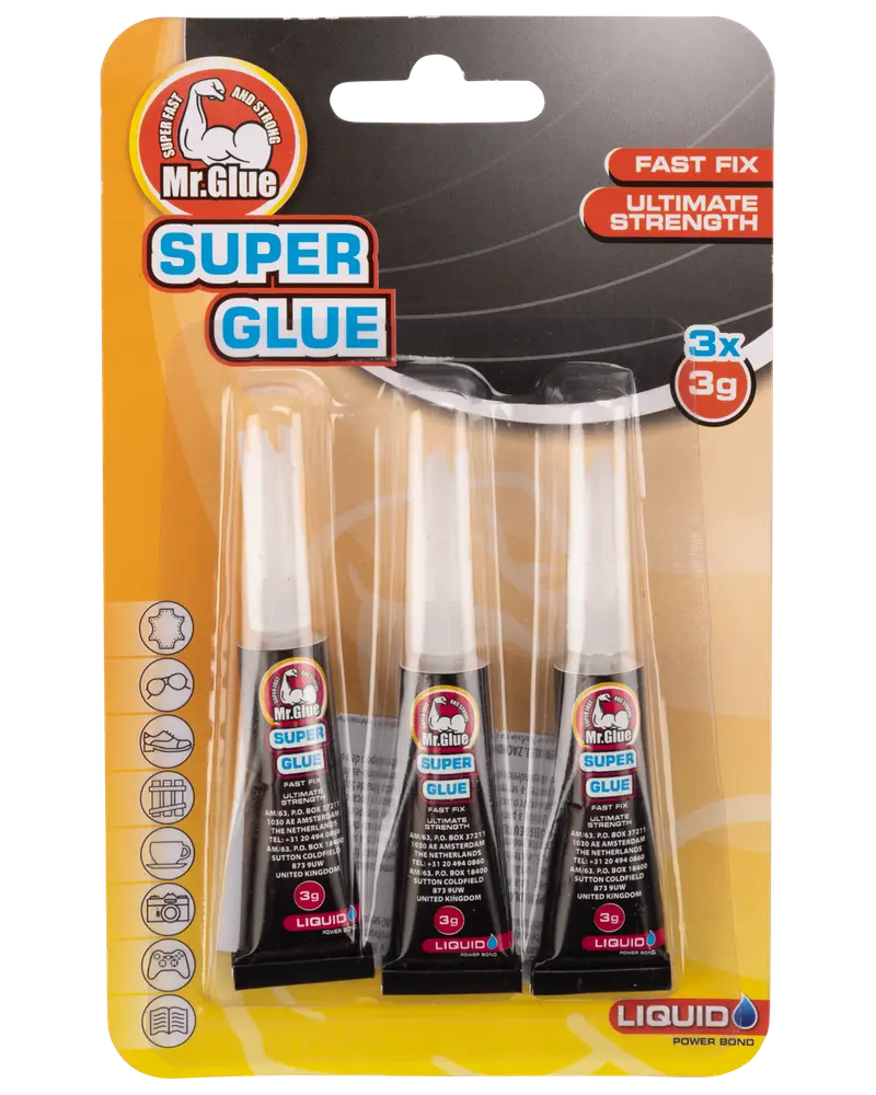 Förpackning med tre 3g tuber Mr. Glue Superlim, snabbtorkande flytande lim, passar olika material, med hög styrka och precisionsspets för enkel applicering.