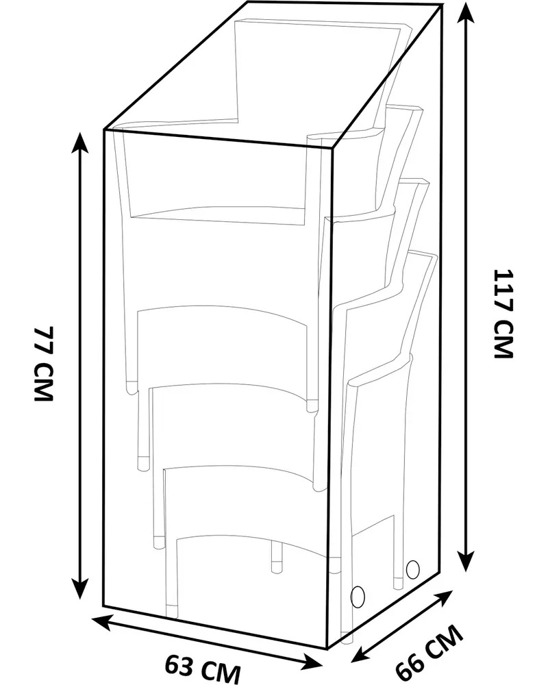 Transparent skyddshölje för staplade stolar, mått: 117 cm högt, 77 cm brett, 66 cm djupt. Förstärkta hörn och ventilationshål för utomhusmöbler.
